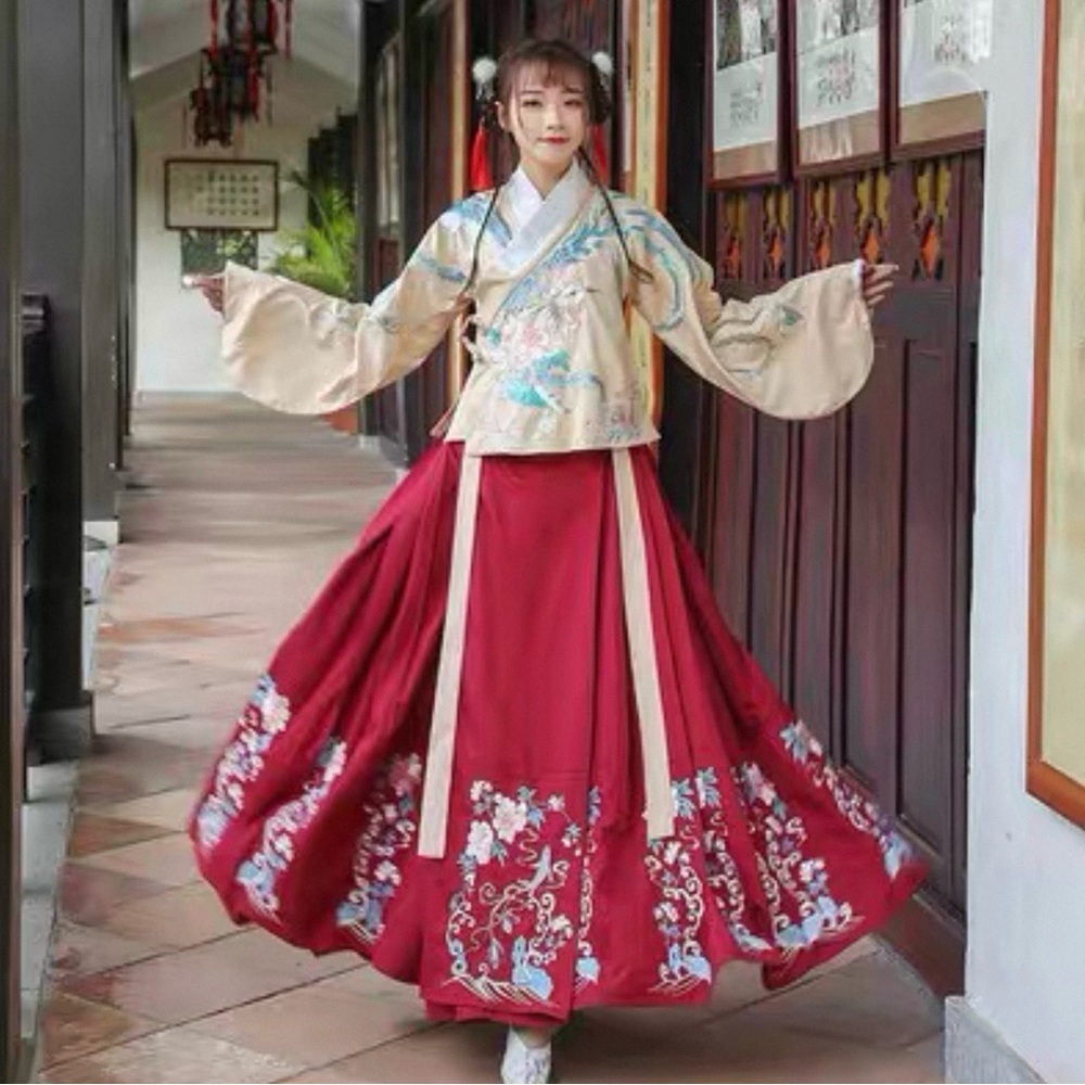 Traditional Embroidered Red Hanfu Top & Skirt Mamianqun